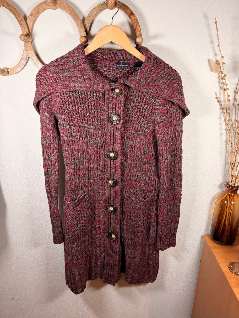 Vintage Y2K Moda International Wool Blend Sweater Coat M Shaw Collar Cardigan